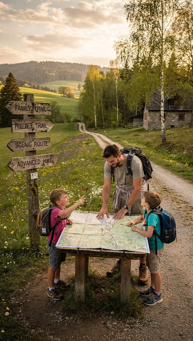 Familie mit Kinderwagen und Rollstuhlfahrer auf einem zugänglichen Naturpfad, umgeben von bunten Herbstbäumen und Informationstafeln zur Streckenführung.